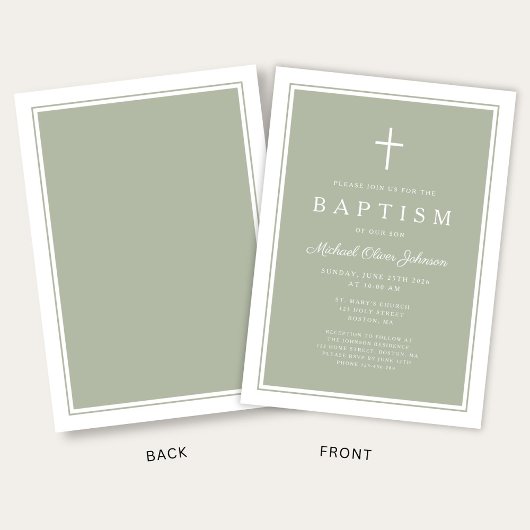 Elegant Sage Green Cross Baby Boy Baptism 招待状