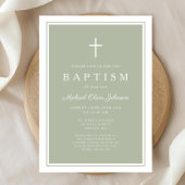 Elegant Sage Green Cross Baby Boy Baptism 招待状