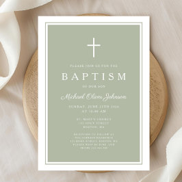 Elegant Sage Green Cross Baby Boy Baptism 招待状