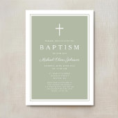 Elegant Sage Green Cross Baby Boy Baptism 招待状