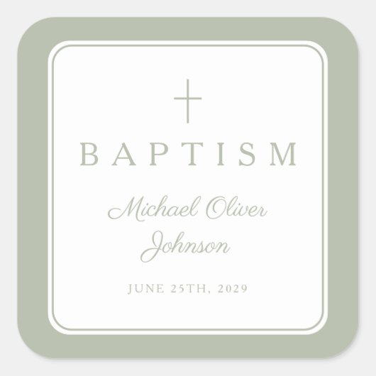 Elegant Sage Green Cross Boy Baptism  スクエアシール (正面)