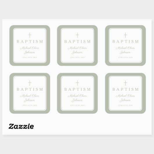 Elegant Sage Green Cross Boy Baptism  スクエアシール (シート)