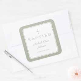 Elegant Sage Green Cross Boy Baptism  スクエアシール