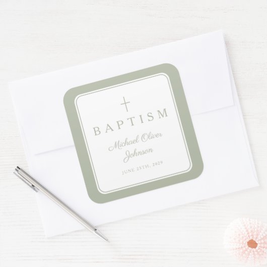 Elegant Sage Green Cross Boy Baptism  スクエアシール (封筒)