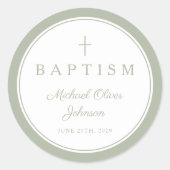 Elegant Sage Green Cross Boy Baptism  ラウンドシール (正面)