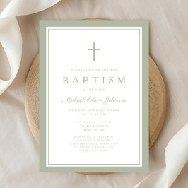 Elegant Sage Green Cross Boy Baptism 招待状