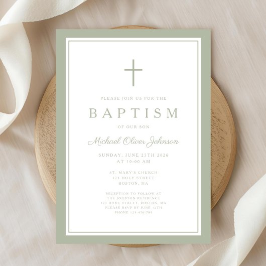 Elegant Sage Green Cross Boy Baptism 招待状
