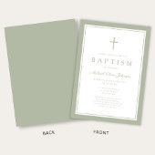 Elegant Sage Green Cross Boy Baptism 招待状