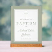 Elegant Sage Green Cross Boy Baptism Welcome アクリルサイン (ニュートラル)