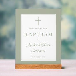 Elegant Sage Green Cross Boy Baptism Welcome アクリルサイン
