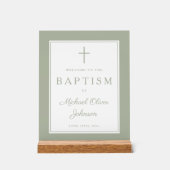 Elegant Sage Green Cross Boy Baptism Welcome アクリルサイン (正面)