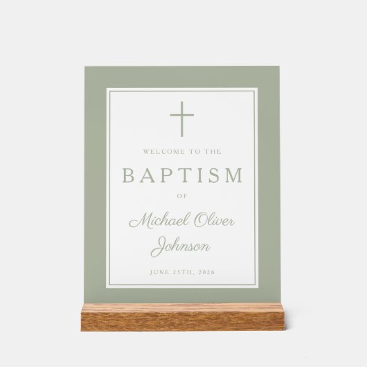 Elegant Sage Green Cross Boy Baptism Welcome アクリルサイン (正面)