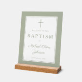 Elegant Sage Green Cross Boy Baptism Welcome アクリルサイン (傾斜)