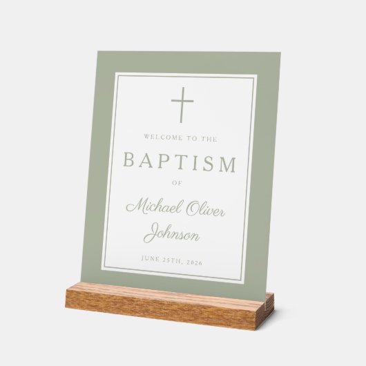 Elegant Sage Green Cross Boy Baptism Welcome アクリルサイン (傾斜)