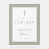 Elegant Sage Green Cross Boy Baptism Welcome アクリルサイン (正面)