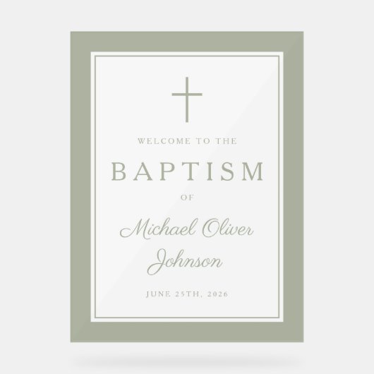Elegant Sage Green Cross Boy Baptism Welcome アクリルサイン (正面)
