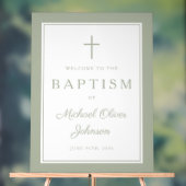 Elegant Sage Green Cross Boy Baptism Welcome アクリルサイン (ニュートラル)