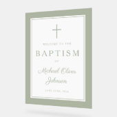 Elegant Sage Green Cross Boy Baptism Welcome アクリルサイン (傾斜)