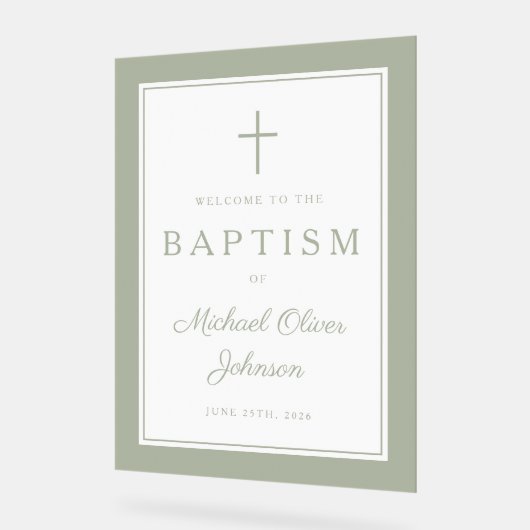 Elegant Sage Green Cross Boy Baptism Welcome アクリルサイン (傾斜)