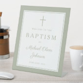Elegant Sage Green Cross Boy Baptism Welcome 台座サイン (インサイチュ)