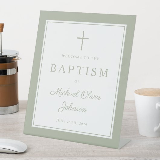 Elegant Sage Green Cross Boy Baptism Welcome 台座サイン (インサイチュ)