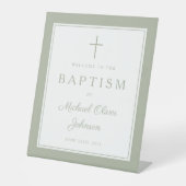 Elegant Sage Green Cross Boy Baptism Welcome 台座サイン (正面)