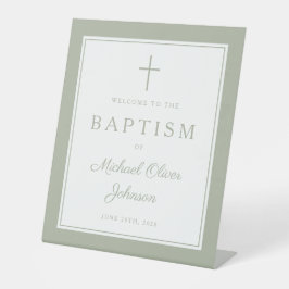 Elegant Sage Green Cross Boy Baptism Welcome 台座サイン
