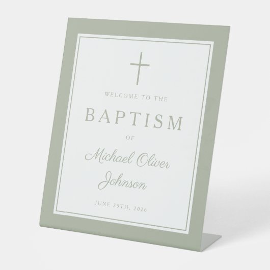 Elegant Sage Green Cross Boy Baptism Welcome 台座サイン (正面)