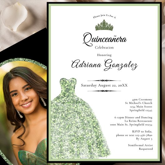 Elegant sage green dress 18th birthday debut 招待状