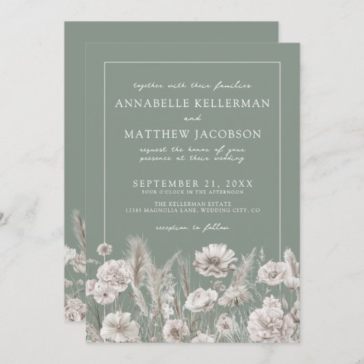 Elegant Sage Green Floral Boho Wedding 招待状 (正面/裏面)