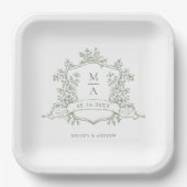 Elegant Sage Green  Floral Crest Monogram Wedding ペーパープレート (正面)