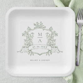 Elegant Sage Green  Floral Crest Monogram Wedding ペーパープレート