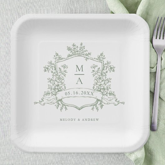 Elegant Sage Green  Floral Crest Monogram Wedding ペーパープレート