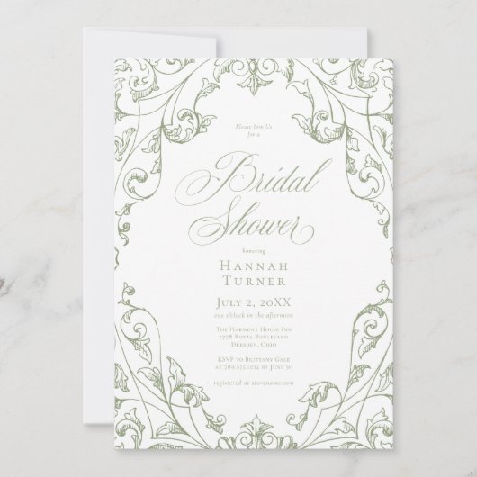 Elegant Sage Green Floral Frame Bridal Shower 招待状 (正面)