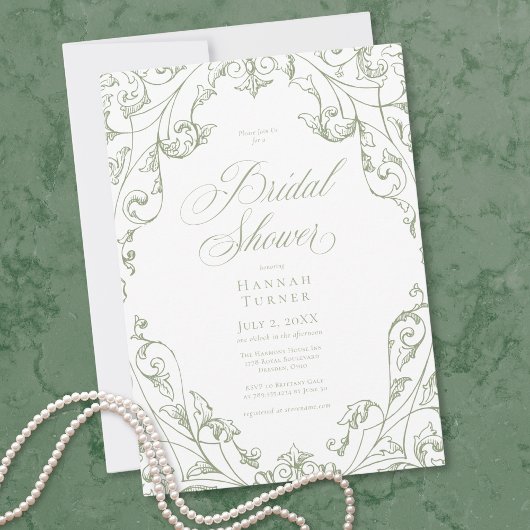 Elegant Sage Green Floral Frame Bridal Shower 招待状