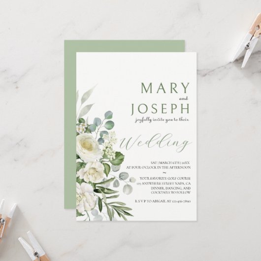 Elegant Sage Green Floral Garden Outdoor Wedding  招待状 (正面/裏面インサイチュ)