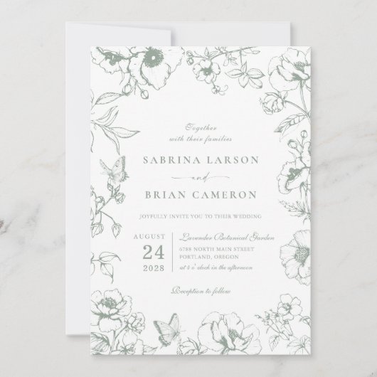 Elegant Sage Green Floral Garden QR Code Wedding 招待状 (正面)