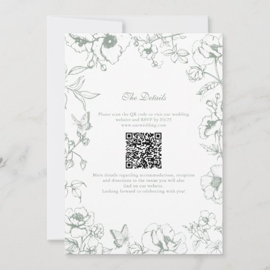 Elegant Sage Green Floral Garden QR Code Wedding 招待状 (裏面)