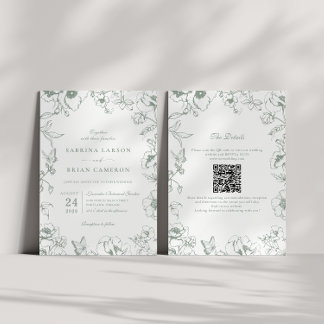 Elegant Sage Green Floral Garden QR Code Wedding 招待状