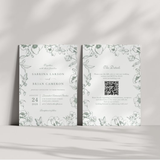 Elegant Sage Green Floral Garden QR Code Wedding 招待状