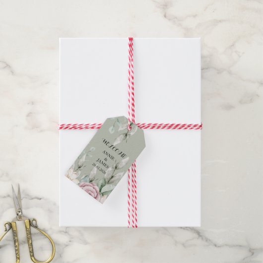 Elegant Sage Green Floral Heart wedding sticker ギフトタグ (より糸付き)