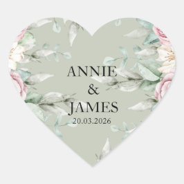Elegant Sage Green Floral Heart wedding sticker ハートシール