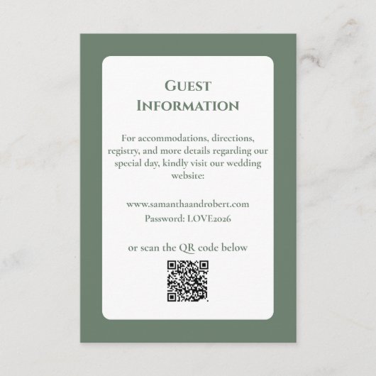Elegant Sage Green Floral Line Art QR Code Wedding エンクロージャーカード (正面)