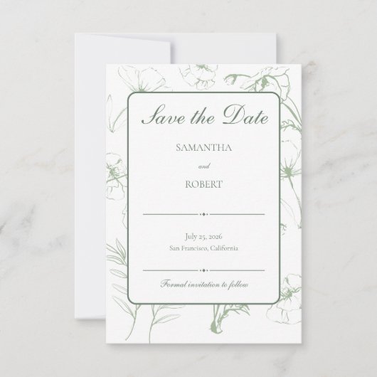 Elegant Sage Green Floral Line Art Wedding セーブザデート (正面)