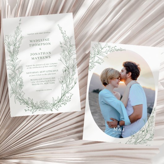 Elegant Sage Green Floral Monogram Photo Wedding 招待状