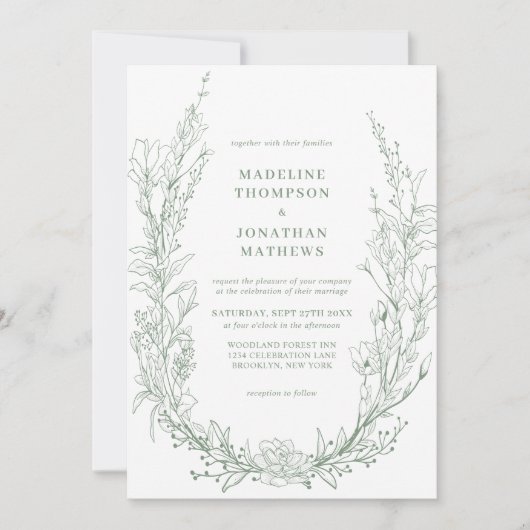 Elegant Sage Green Floral Monogram Photo Wedding 招待状 (正面)