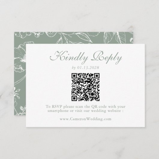 Elegant Sage Green Floral QR Code Wedding RSVP  (正面/裏面)