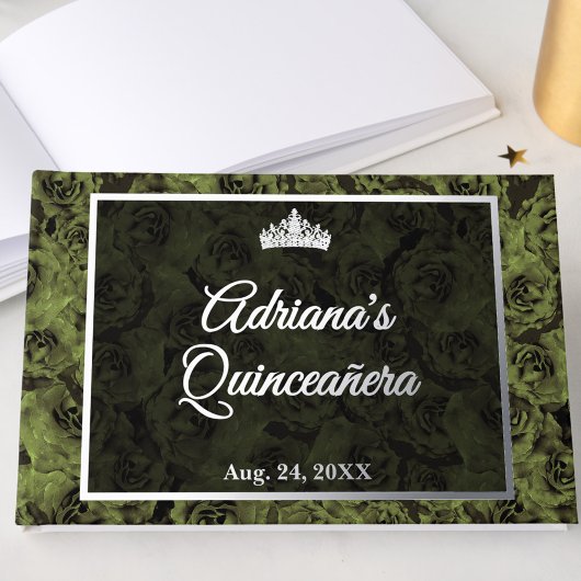 Elegant Sage Green Floral Quinceanera Silver ゲストブック