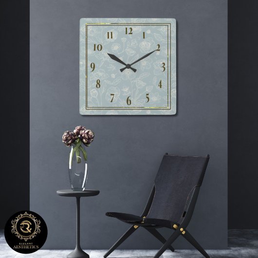 Elegant Sage Green Floral Wall Clock - Home Gift スクエア壁時計