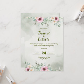 Elegant Sage Green Floral Watercolor Wedding Invi 招待状